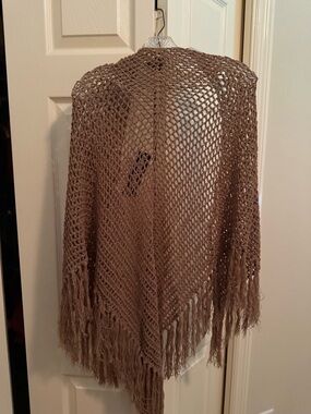 Open Knit Fringe Poncho Shrug in Taupe